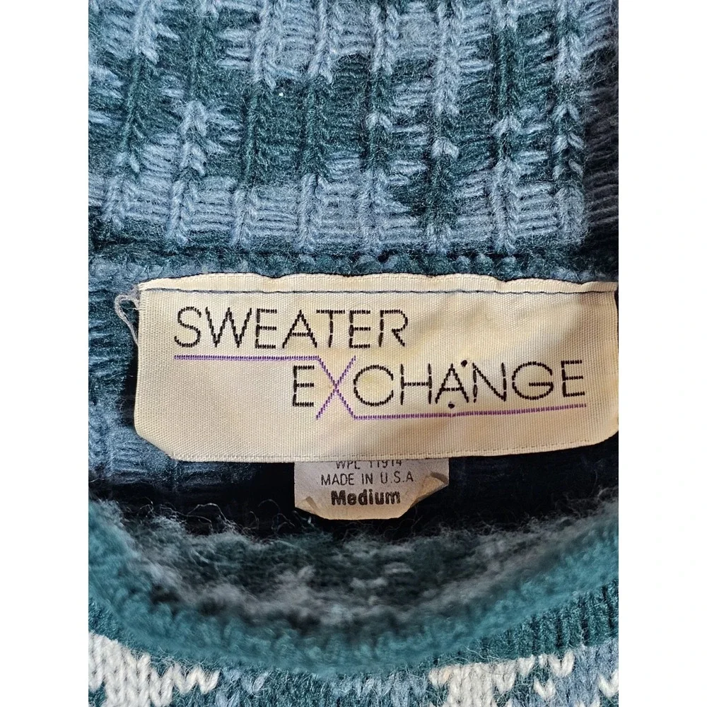 Vintage Sweater Exchange Fair Isle Sweater Mens Size Medium Blue Green USA Made - Picture 3 of 6
